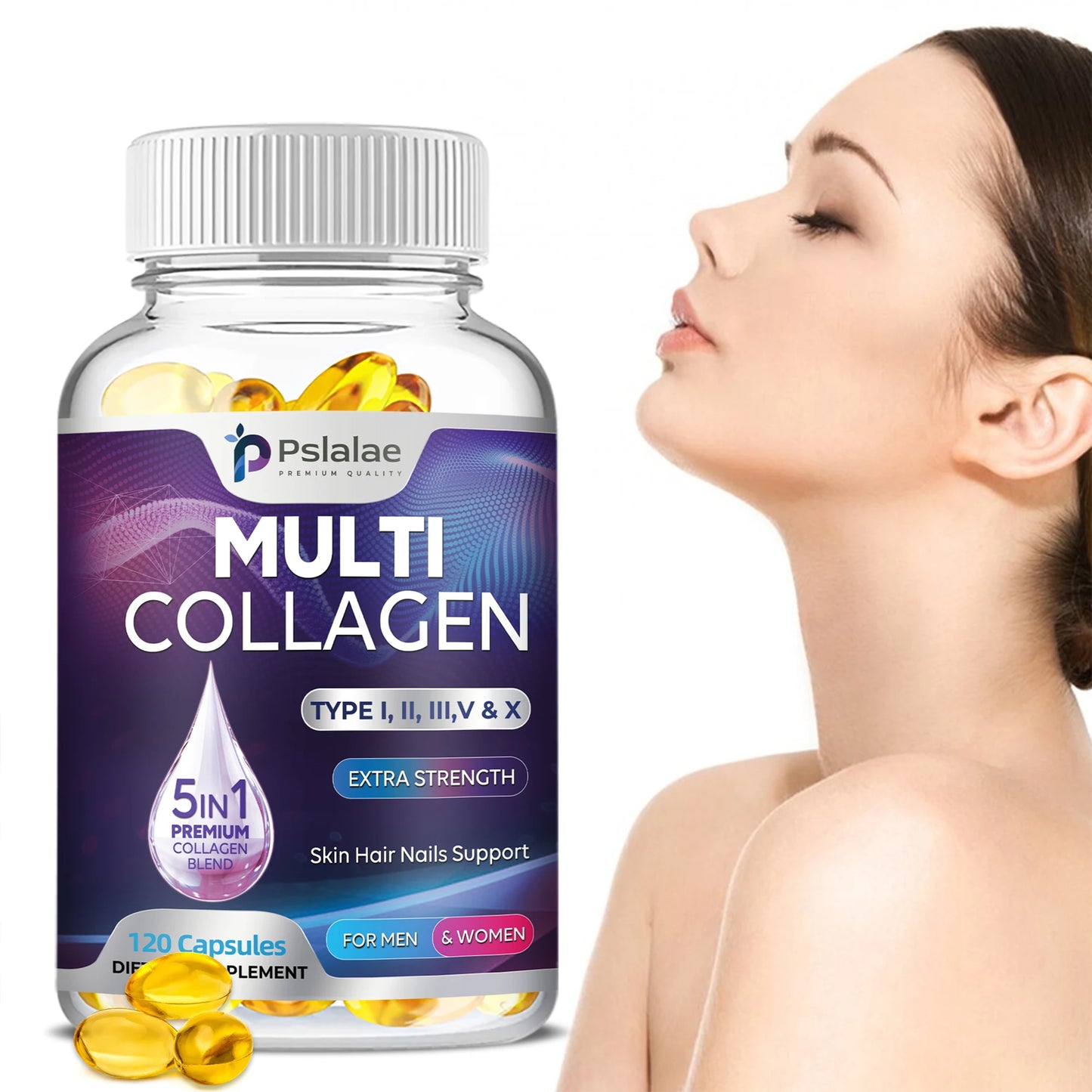 Multiple Collagen Complex - Types I, II, III, V, and X - Hair, Skin, Nail, Bones, Joint Health Support - 120 Capsules