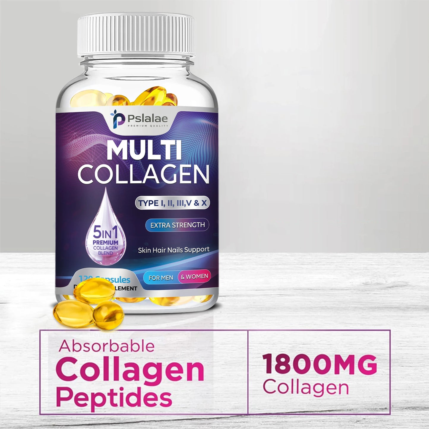 Multiple Collagen Complex - Types I, II, III, V, and X - Hair, Skin, Nail, Bones, Joint Health Support - 120 Capsules