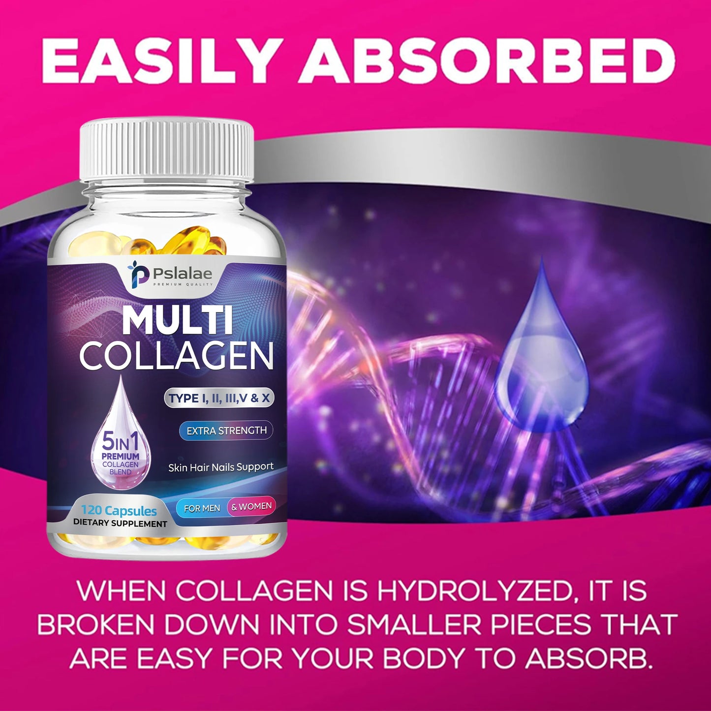 Multiple Collagen Complex - Types I, II, III, V, and X - Hair, Skin, Nail, Bones, Joint Health Support - 120 Capsules