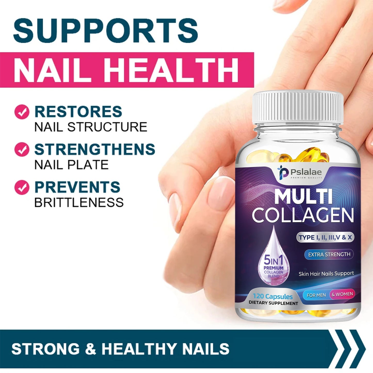 Multiple Collagen Complex - Types I, II, III, V, and X - Hair, Skin, Nail, Bones, Joint Health Support - 120 Capsules