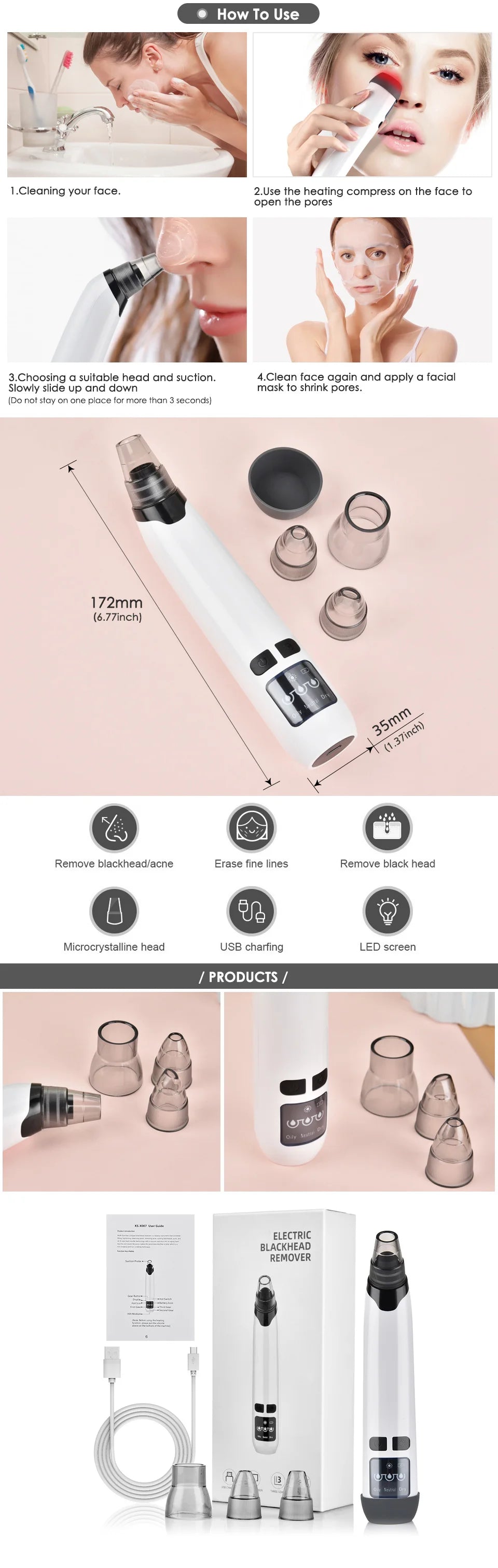 Blackhead Remover Nose T Zone Pore Vacuum Acne Pimple Removal Vacuum Suction Tool Facial Diamond Dermabrasion Machine Face Clean