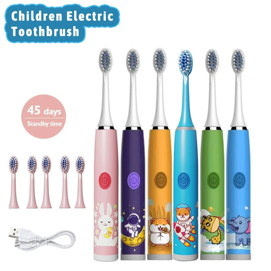 USB Sonic Children Electric Toothbrush Rechargeable Colorful Cartoon Brush Kids Automatic IPX7 Waterproof With Replacement Head