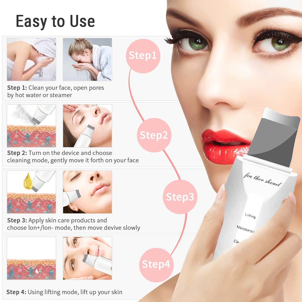 Ultrasonic Skin Scraper Peeling Blackhead Remover Deep Face Cleaning Lifting Acne Pore Cleaner Facial Spatula Shovel Cleanser