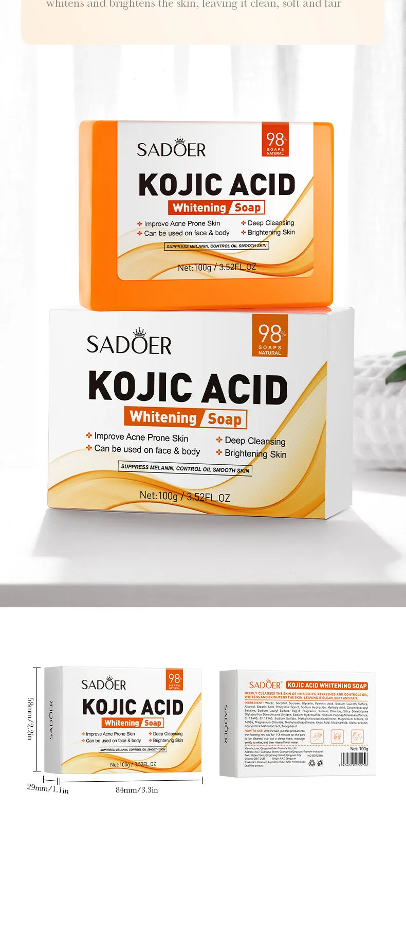 SADOER Kojic Acid Facial Soap Face Wash Foam Facial Cleanser Moisturizing Hydrating Oil Control Body Bathing Handmade Soap