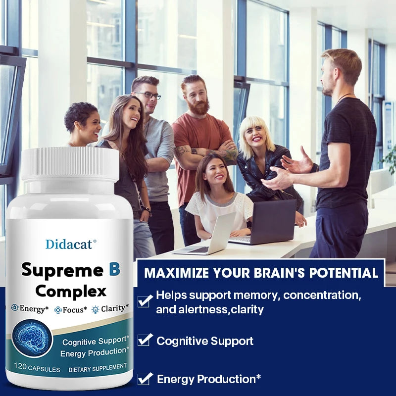 Organic Vitamin B Complex Capsules - Relieve Stress, Support Better Mood, and Improve Mental Clarity, Memory and Concentration