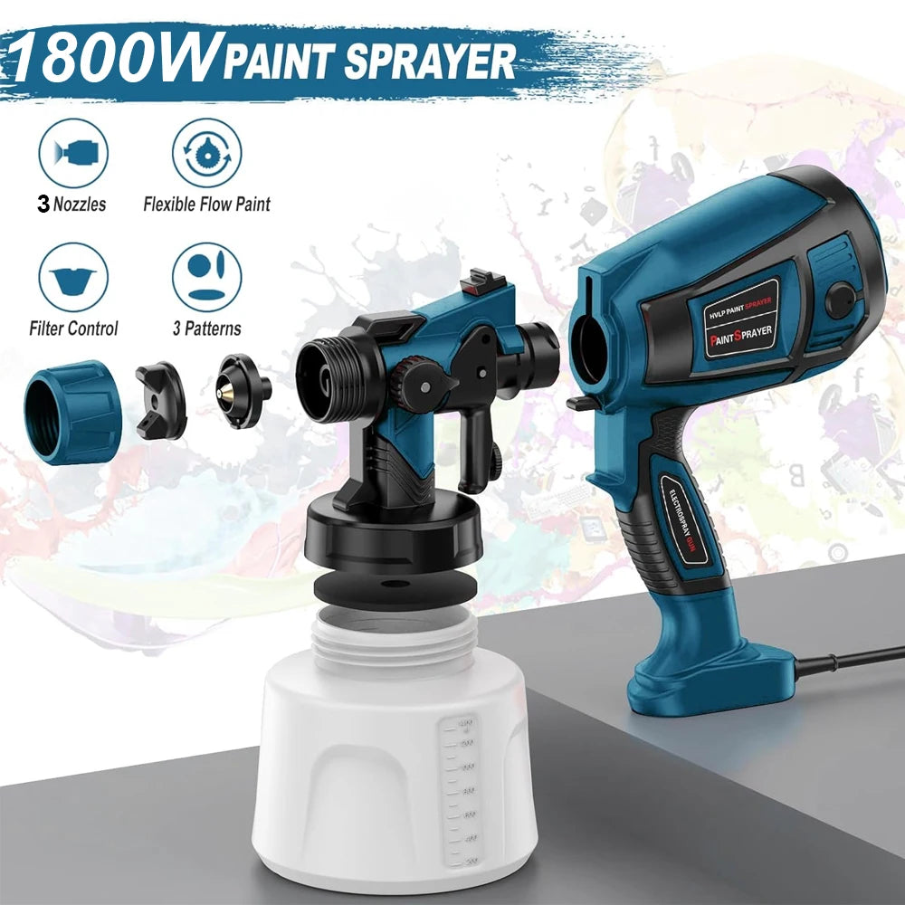 1800W 110V 220V Electric Spray Gun 1400ML Large Container HVLP Paint Sprayer Auto Furniture Steel Coating AirBrush 3 Nozzles