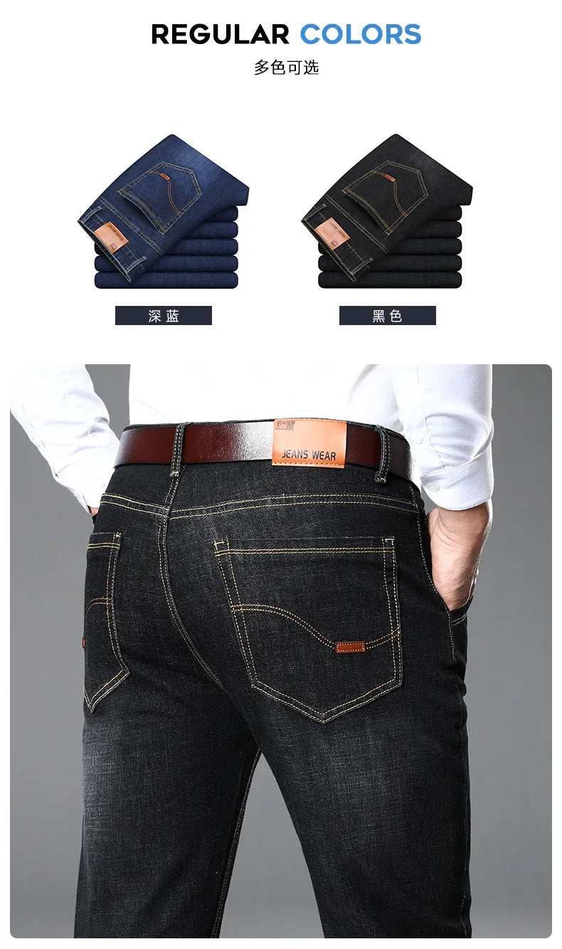 Fashion European American Style Stretch Men Jeans Luxury Men's Denim Pants Slim Straight Deep Blue Gentleman Size 28-38 Slacks