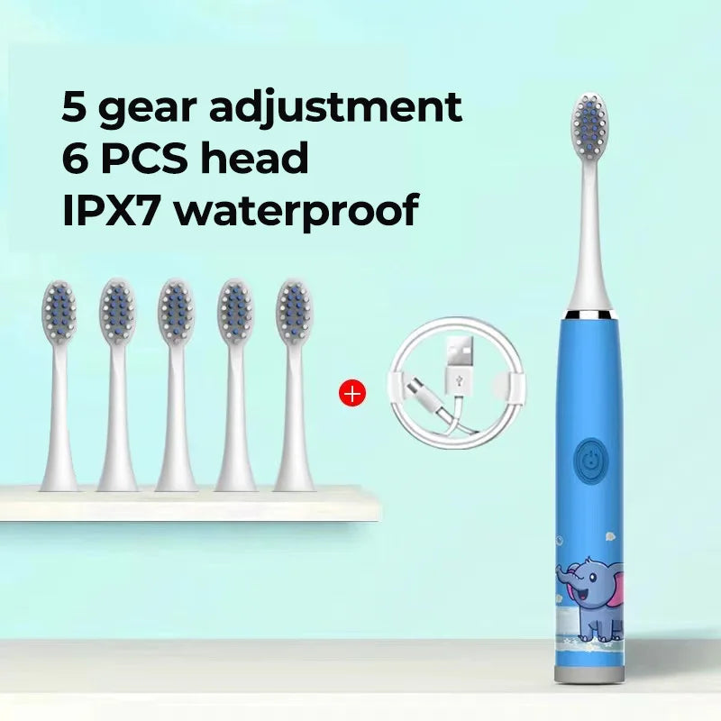 USB Sonic Children Electric Toothbrush Rechargeable Colorful Cartoon Brush Kids Automatic IPX7 Waterproof With Replacement Head