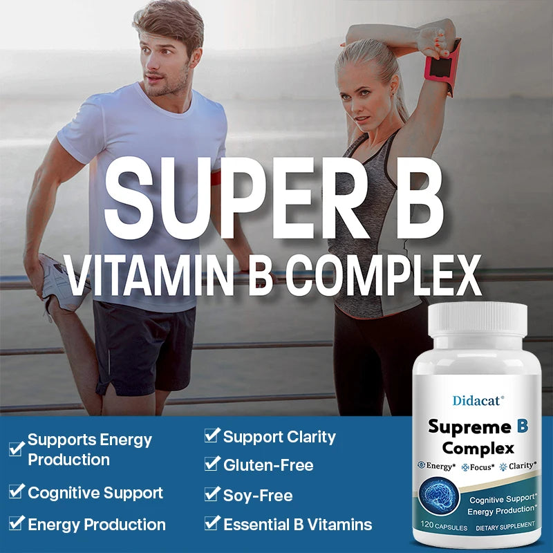 Organic Vitamin B Complex Capsules - Relieve Stress, Support Better Mood, and Improve Mental Clarity, Memory and Concentration