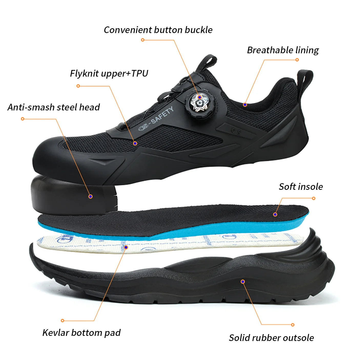 New breathable button labor insurance shoes steel head anti-smash anti-puncture safety shoes button technology lace-free